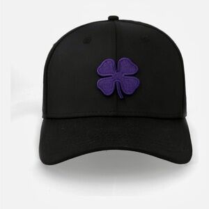 NWT Style 104 Black Clover cap. Black with purple clover and lettering size SM